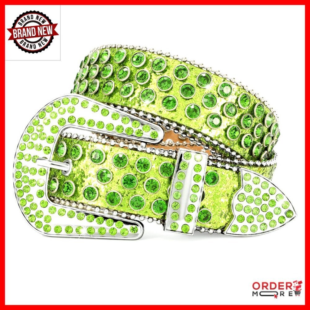 Rhinestone Studded Western Leather Belt, Detachable Buckle, Fits Waist 28-47